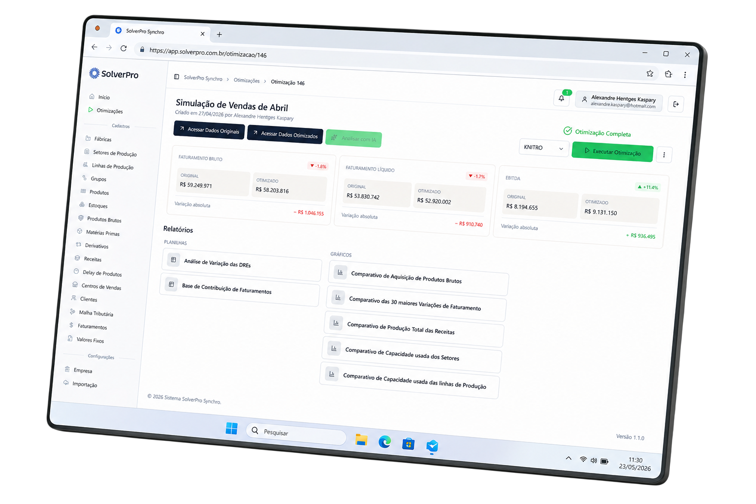 Interface do SolverPro exibindo uma simulação de vendas com indicadores otimizados